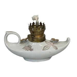 Vintage Porcelain Glass Oil Finger Lamp White Gold Flowers Aladdin Japan 5.5"